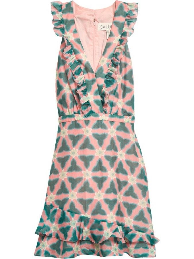 New Saloni Pink And Teal Floral Ruffle V-Neck Dress Uk 8 Us 4